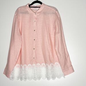 Susan Graver Pure Linen Blend Button-Front Lace Button Shirt Women's Size Small